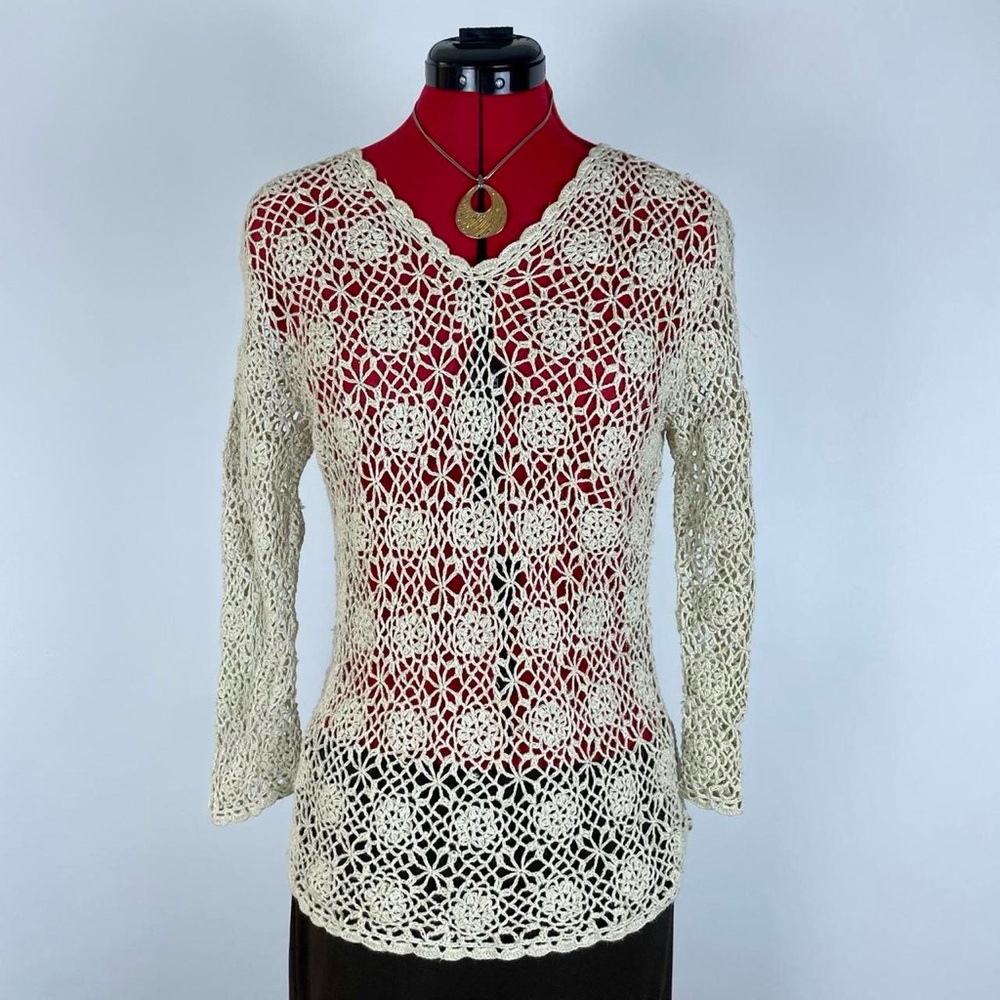 Vintage Crochet Openwork V-Neck Pullover - Cream
